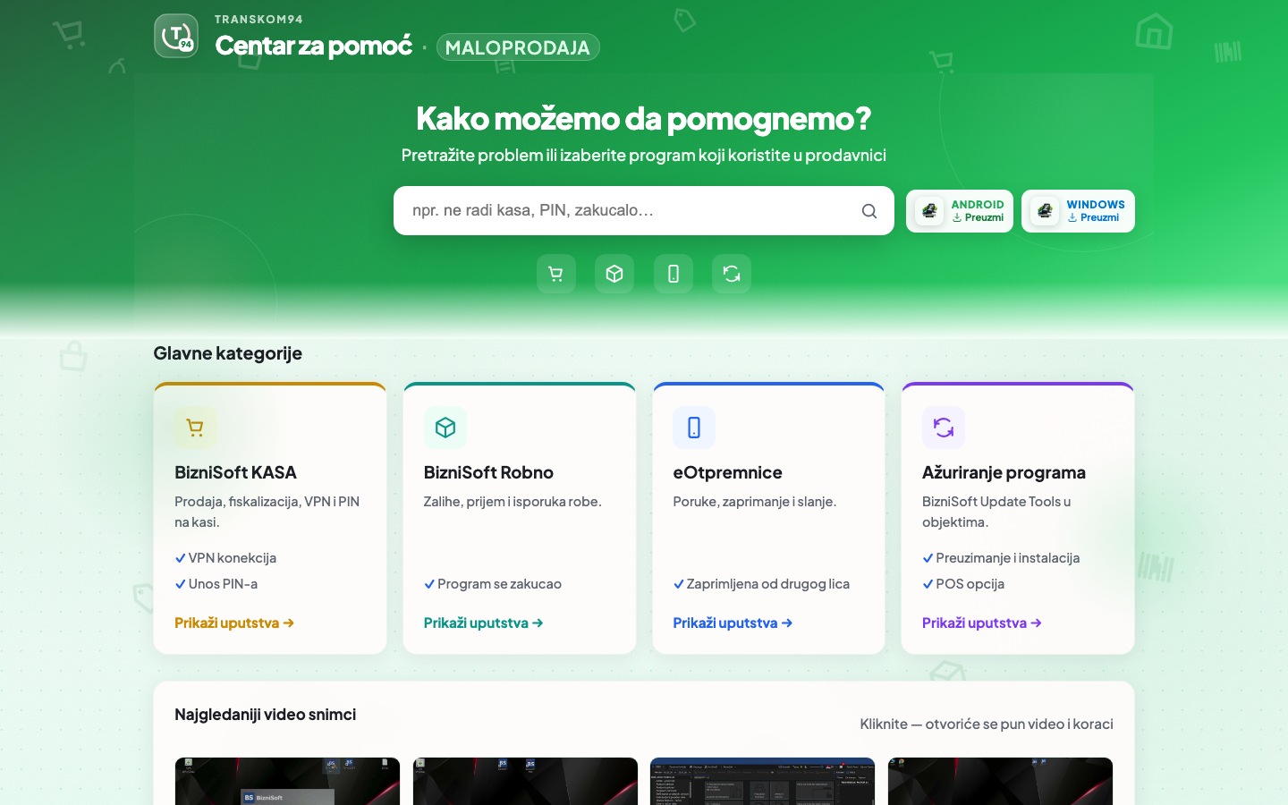 Početna — pretraga i glavne kategorije